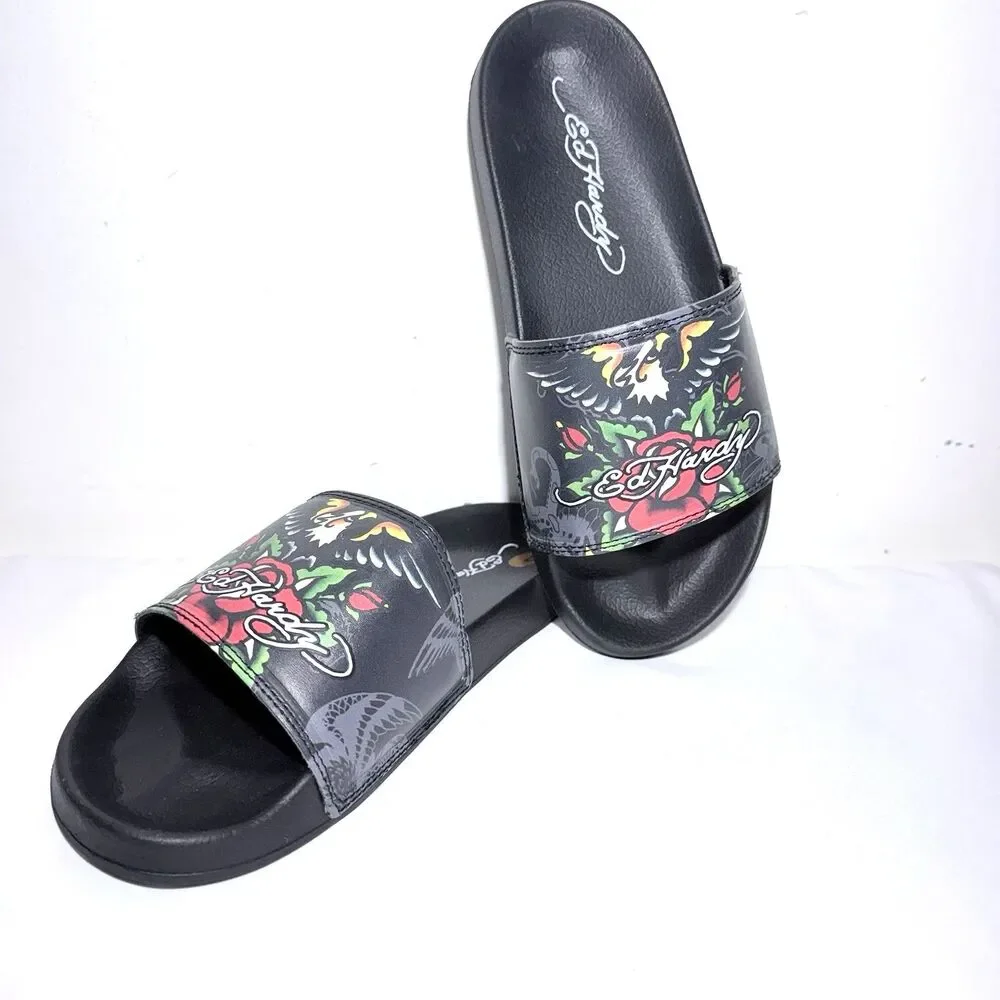 Ed Hardy Traditional Eagle Red Rose Tattoo Slides Sandal Men’s Size 8 NWT